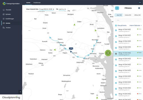 Vi använder kartor från Google Maps och all information levereras via en IoT-plattform som en molnbaserad lösning.